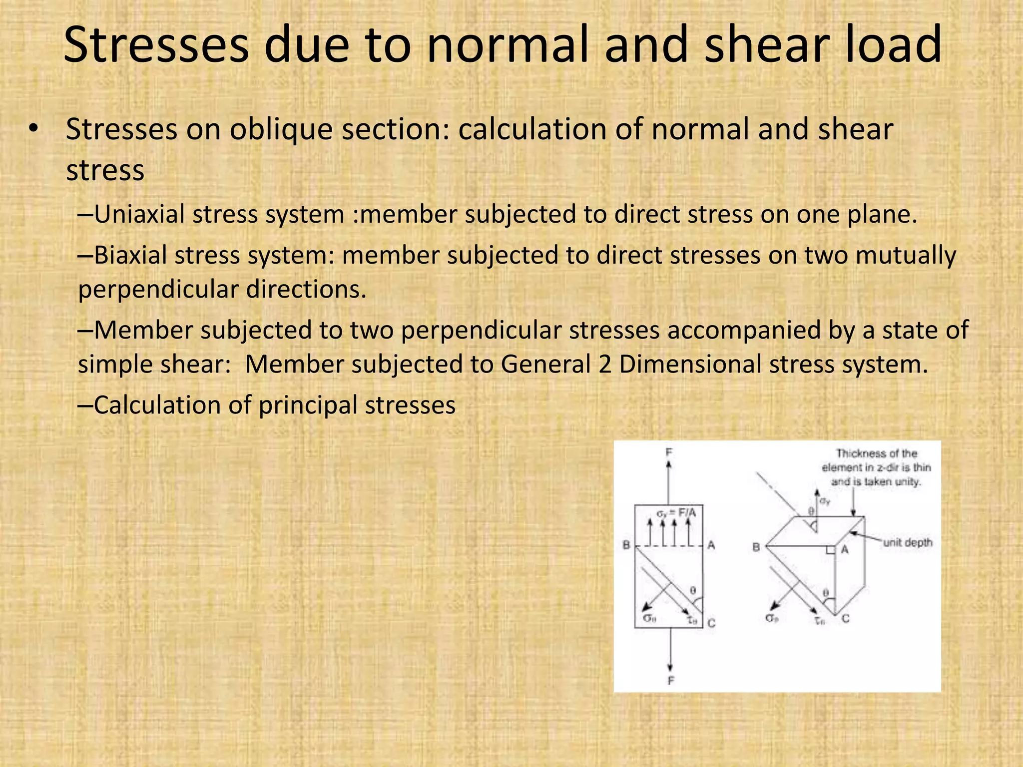 Stresses due to normal and shear load
• Stresses on oblique section: calculation of normal and shear
stress
–Uniaxial stress system :member subjected to direct stress on one plane.
–Biaxial stress system: member subjected to direct stresses on two mutually
perpendicular directions.
–Member subjected to two perpendicular stresses accompanied by a state of
simple shear: Member subjected to General 2 Dimensional stress system.
–Calculation of principal stresses
 