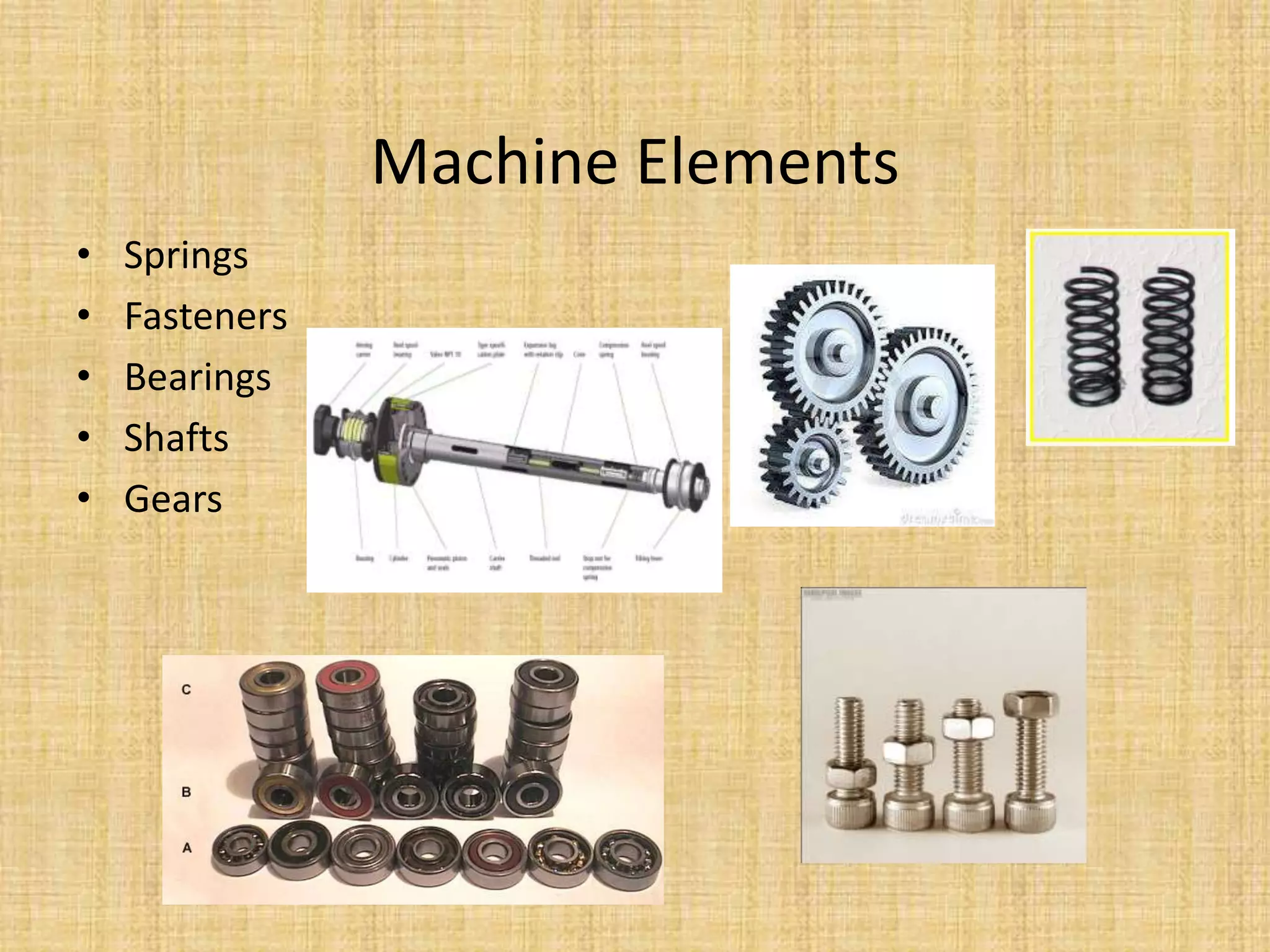 Machine Elements
• Springs
• Fasteners
• Bearings
• Shafts
• Gears
 
