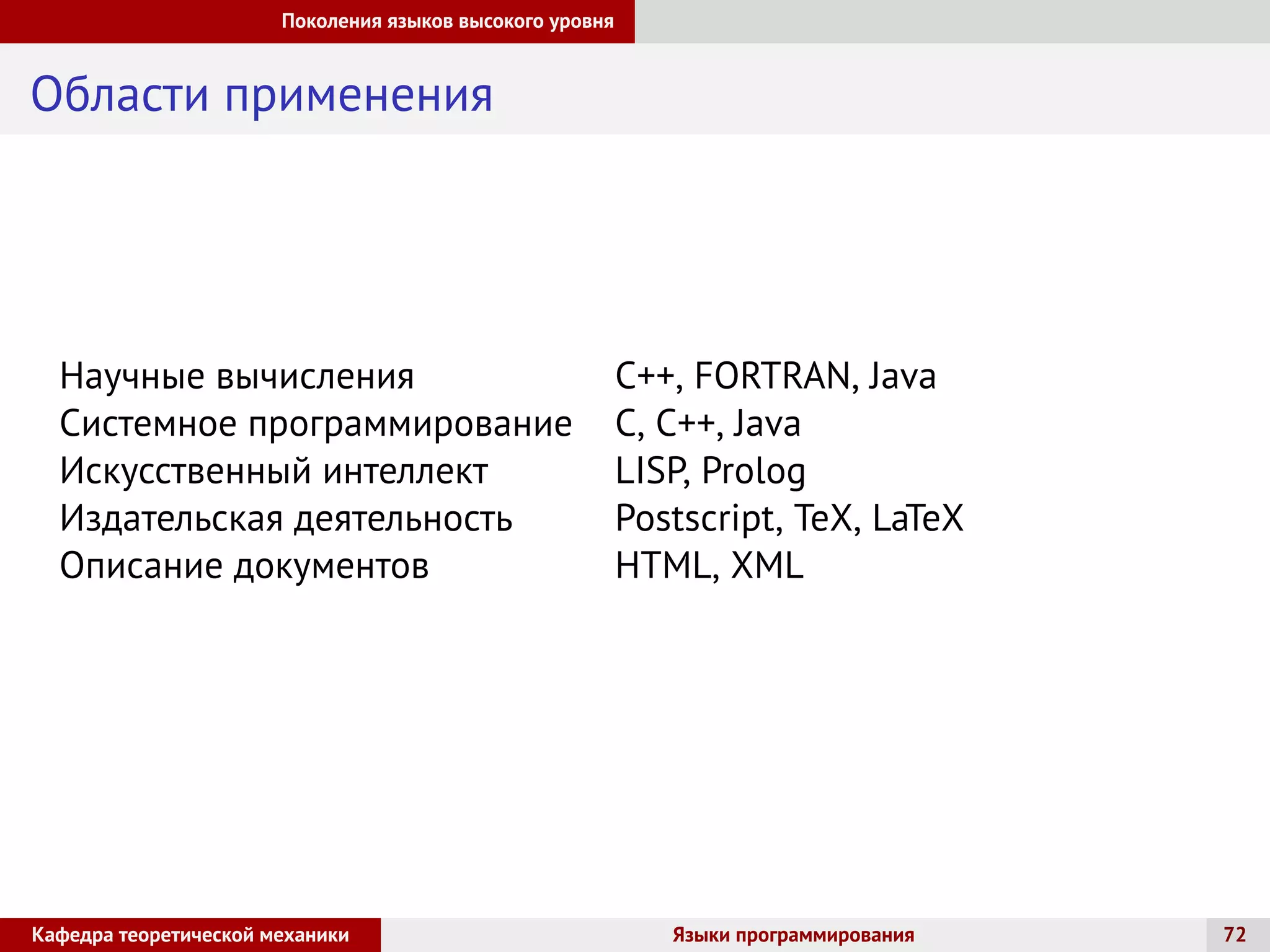 Поколения языков высокого уровня
Области применения
Научные вычисления C++, FORTRAN, Java
Системное программирование C, C++, Java
Искусственный интеллект LISP, Prolog
Издательская деятельность Postscript, TeX, LaTeX
Описание документов HTML, XML
Кафедра теоретической механики Языки программирования 72
 