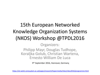 15th European Networked
Knowledge Organization Systems
(NKOS) Workshop @TPDL2016
Organizers:
Philipp Mayr, Douglas Tudhope,
Koraljka Golub, Christian Wartena,
Ernesto William De Luca
9th September 2016, Hannover, Germany
https://at-web1.comp.glam.ac.uk/pages/research/hypermedia/nkos/nkos2016/programme.html
 