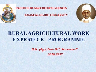 INSTITUTE OF AGRICULTURAL SCIENCES
BANARAS HINDUUNIVERSITY
RURALAGRICULTURAL WORK
EXPERIECE PROGRAMME
B.Sc.(Ag.),Part-IVth,Semester-Ist
2016-2017
 