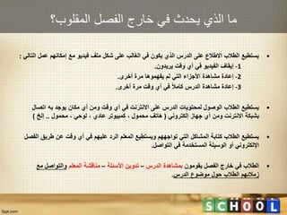 ‫المقلوب؟‬ ‫الفصل‬ ‫خارج‬ ‫في‬ ‫يحدث‬ ‫الذي‬ ‫ما‬
•‫الت‬ ‫عمل‬ ‫إمكانهم‬ ‫مع‬ ‫فيديو‬ ‫ملف‬ ‫شكل‬ ‫على‬ ‫الغالب‬ ‫في‬ ‫يكون‬ ‫الذي‬ ‫الدرس‬ ‫على‬ ‫االطالع‬ ‫الطالب‬ ‫يستطيع‬‫الي‬:
1-‫يريدون‬ ‫وقت‬ ‫أي‬ ‫في‬ ‫الفيديو‬ ‫إيقاف‬.
2-‫أخرى‬ ‫مرة‬ ‫يفهموها‬ ‫لم‬ ‫التي‬ ‫األجزاء‬ ‫مشاهدة‬ ‫إعادة‬.
3-‫أخرى‬ ‫مرة‬ ‫وقت‬ ‫أي‬ ‫في‬ ‫كامال‬ ‫الدرس‬ ‫مشاهدة‬ ‫إعادة‬.
•‫اتصال‬ ‫به‬ ‫يوجد‬ ‫مكان‬ ‫أي‬ ‫ومن‬ ‫وقت‬ ‫أي‬ ‫في‬ ‫االنترنت‬ ‫على‬ ‫الدرس‬ ‫لمحتويات‬ ‫الوصول‬ ‫الطالب‬ ‫يستطيع‬
‫إلكتروني‬ ‫جهاز‬ ‫أي‬ ‫ومن‬ ‫االنترنت‬ ‫بشبكة‬(‫محمول‬ ، ‫لوحي‬ ، ‫عادي‬ ‫كمبيوتر‬ ، ‫محمول‬ ‫هاتف‬..‫إلخ‬)
•‫ا‬ ‫طريق‬ ‫عن‬ ‫وقت‬ ‫أي‬ ‫في‬ ‫عليهم‬ ‫الرد‬ ‫المعلم‬ ‫ويستطيع‬ ‫تواجههم‬ ‫التي‬ ‫المشاكل‬ ‫كتابة‬ ‫الطالب‬ ‫يستطيع‬‫لفصل‬
‫التواصل‬ ‫في‬ ‫المستخدمة‬ ‫الوسيلة‬ ‫أو‬ ‫اإللكتروني‬.
•‫يقومون‬ ‫الفصل‬ ‫خارج‬ ‫في‬ ‫الطالب‬‫الدرس‬ ‫بمشاهدة‬–‫األسئلة‬ ‫تدوين‬–‫المعلم‬ ‫مناقشة‬‫مع‬ ‫والتواصل‬
‫الدرس‬ ‫موضوع‬ ‫حول‬ ‫الطالب‬ ‫زمالئهم‬.
 