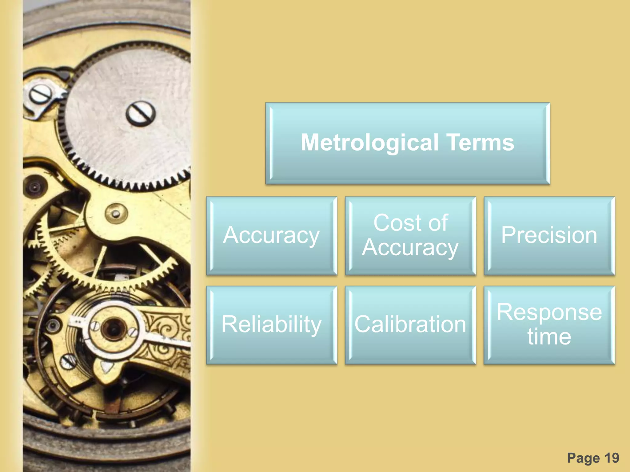 Page 19
Accuracy
Cost of
Accuracy
Precision
Reliability Calibration
Response
time
Metrological Terms
 