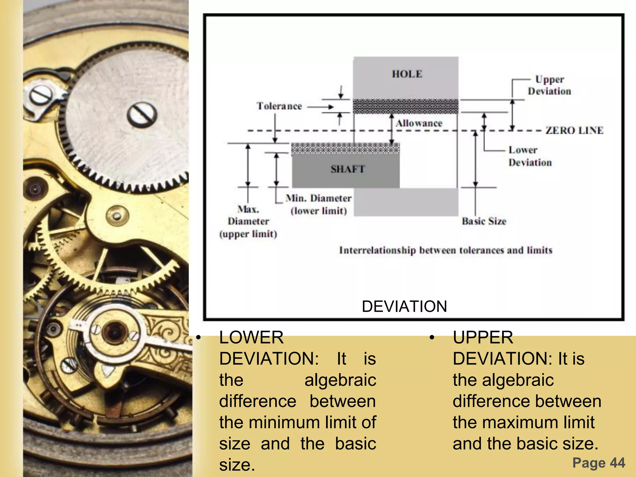 Page 44
DEVIATION
• LOWER
DEVIATION: It is
the algebraic
difference between
the minimum limit of
size and the basic
size.
• UPPER
DEVIATION: It is
the algebraic
difference between
the maximum limit
and the basic size.
 
