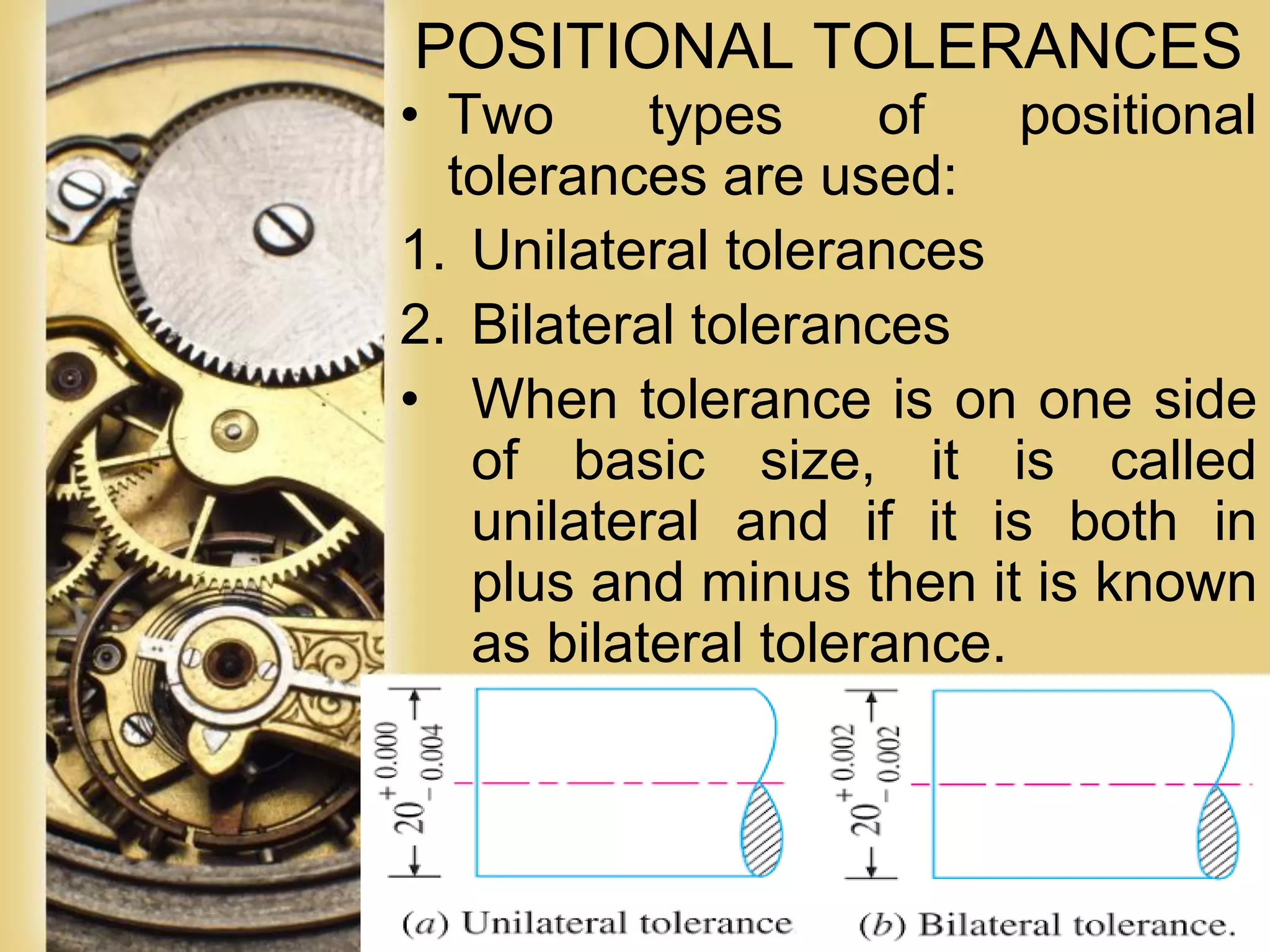 Page 55
POSITIONAL TOLERANCES
• Two types of positional
tolerances are used:
1. Unilateral tolerances
2. Bilateral tolerances
• When tolerance is on one side
of basic size, it is called
unilateral and if it is both in
plus and minus then it is known
as bilateral tolerance.
 