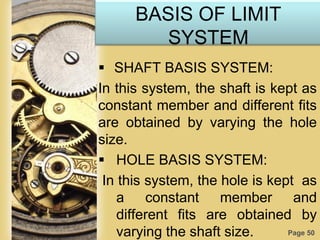 Page 50
BASIS OF LIMIT
SYSTEM
 SHAFT BASIS SYSTEM:
In this system, the shaft is kept as
constant member and different fits
are obtained by varying the hole
size.
 HOLE BASIS SYSTEM:
In this system, the hole is kept as
a constant member and
different fits are obtained by
varying the shaft size.
 