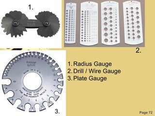 Page 72
1.
2.
3.
1.Radius Gauge
2.Drill / Wire Gauge
3.Plate Gauge
 