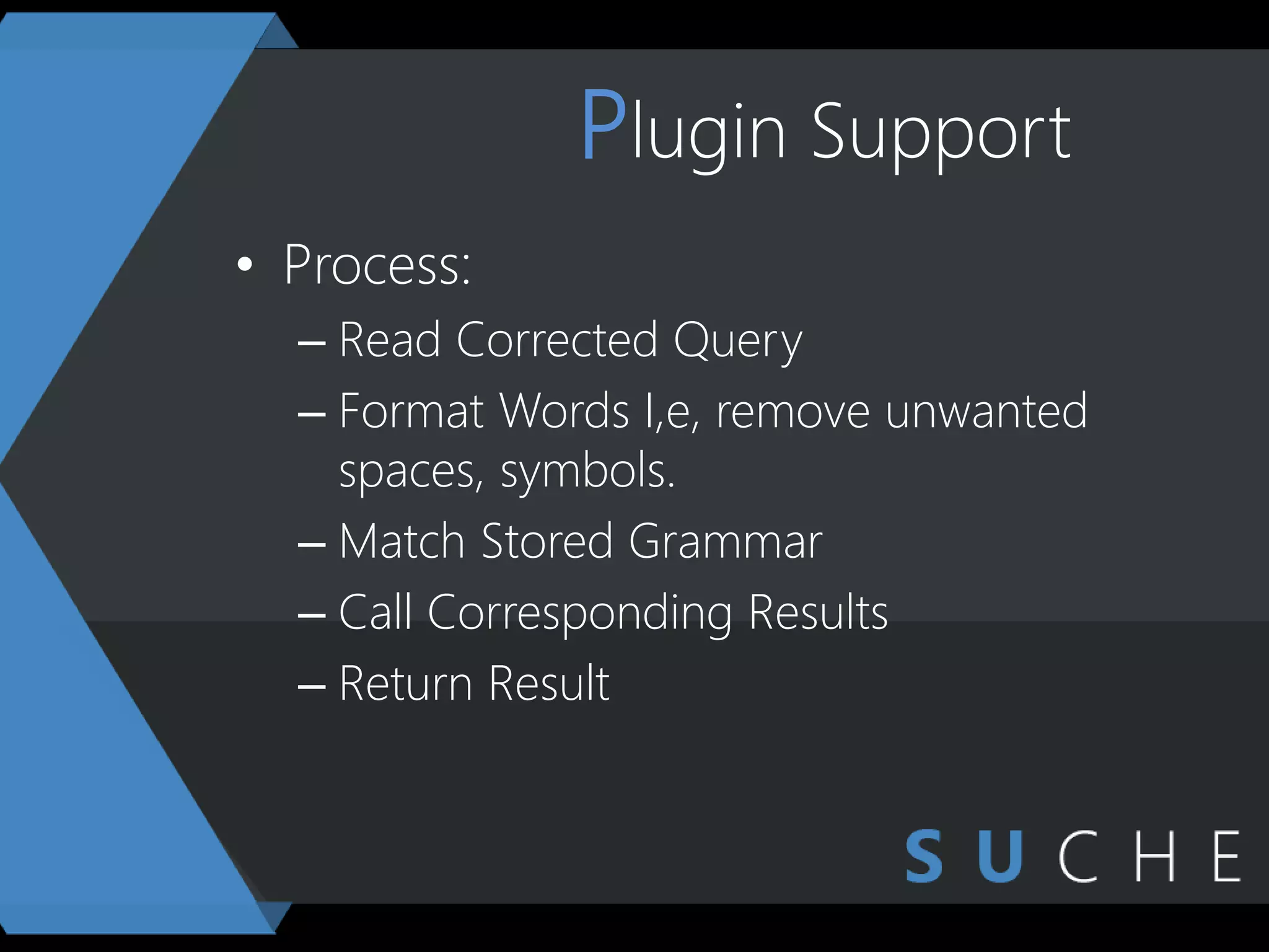 Plugin Support
• Process:
– Read Corrected Query
– Format Words I,e, remove unwanted
spaces, symbols.
– Match Stored Grammar
– Call Corresponding Results
– Return Result
 