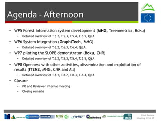 Final Review
Meeting 1 Feb 17
Agenda - Afternoon
• WP5 Forest information system development (MHG, Treemeetrics, Boku)
• Detailed overview of T.5.2, T.5.3, T.5.4, T.5.5, Q&A
• WP6 System Integration (GraphiTech, MHG)
• Detailed overview of T.6.2, T.6.3, T.6.4, Q&A
• WP7 piloting the SLOPE demonstrator (Boku, CNR)
• Detailed overview of T.5.2, T.5.3, T.5.4, T.5.5, Q&A
• WP8 Openness with other activities, dissemination and exploitation of
results (ITENE, MHG, CNR and All)
• Detailed overview of T.8.1, T.8.2, T.8.3, T.8.4, Q&A
• Closure
• PO and Reviewer internal meeting
• Closing remarks
 