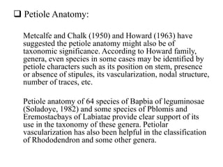  Petiole Anatomy:
Metcalfe and Chalk (1950) and Howard (1963) have
suggested the petiole anatomy might also be of
taxonomic significance. According to Howard family,
genera, even species in some cases may be identified by
petiole characters such as its position on stem, presence
or absence of stipules, its vascularization, nodal structure,
number of traces, etc.
Petiole anatomy of 64 species of Bapbia of leguminosae
(Soladoye, 1982) and some species of Pblomis and
Eremostacbays of Labiatae provide clear support of its
use in the taxonomy of these genera. Petiolar
vascularization has also been helpful in the classification
of Rhododendron and some other genera.
 
