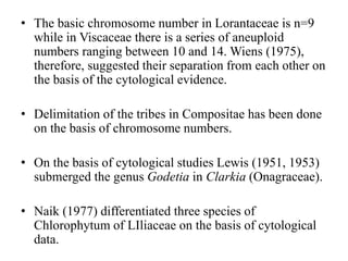 • The basic chromosome number in Lorantaceae is n=9
while in Viscaceae there is a series of aneuploid
numbers ranging between 10 and 14. Wiens (1975),
therefore, suggested their separation from each other on
the basis of the cytological evidence.
• Delimitation of the tribes in Compositae has been done
on the basis of chromosome numbers.
• On the basis of cytological studies Lewis (1951, 1953)
submerged the genus Godetia in Clarkia (Onagraceae).
• Naik (1977) differentiated three species of
Chlorophytum of LIliaceae on the basis of cytological
data.
 