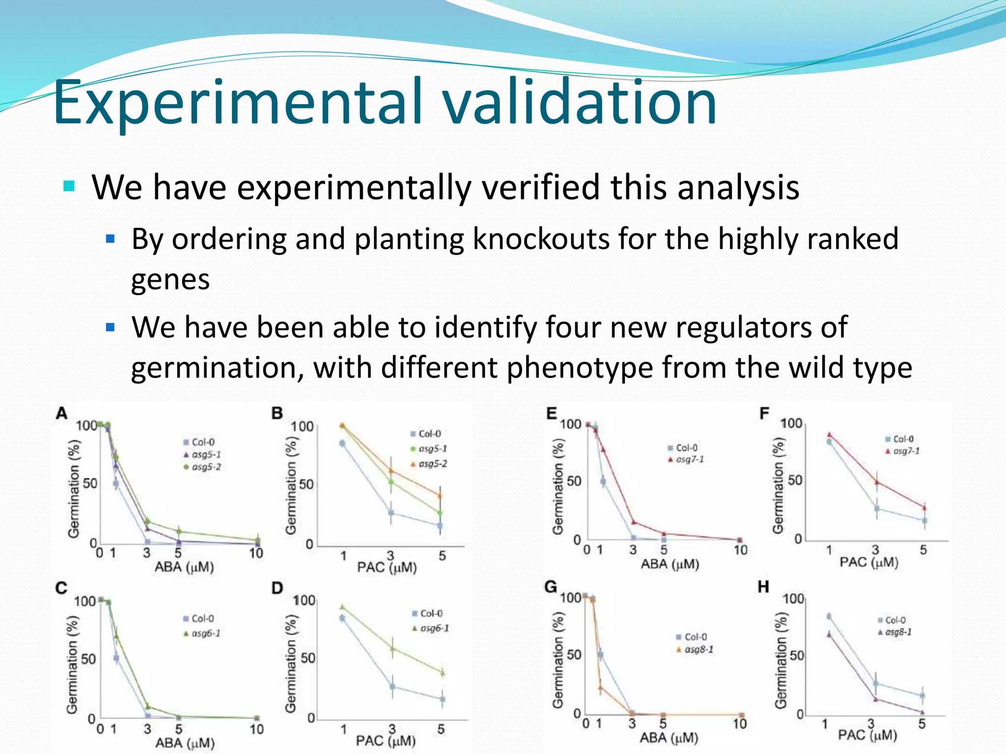 Experimental validation
 We have experimentally verified this analysis
 By ordering and planting knockouts for the highly ranked
genes
 We have been able to identify four new regulators of
germination, with different phenotype from the wild type
 