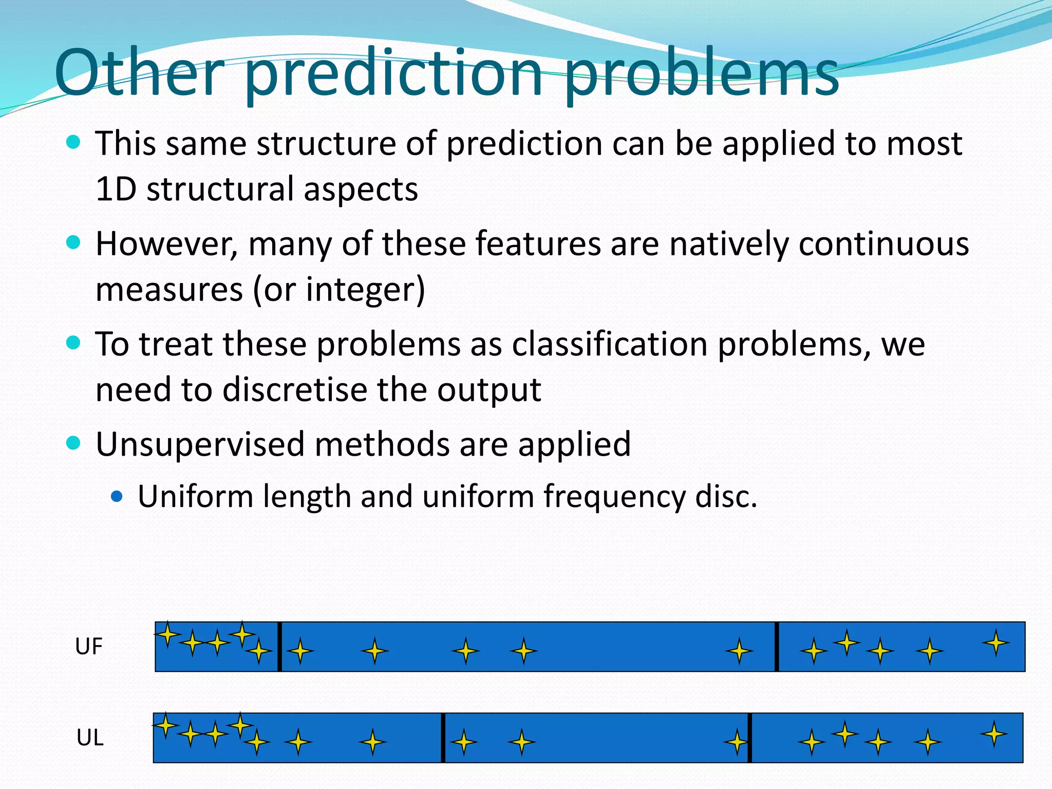 Other prediction problems
 This same structure of prediction can be applied to most
1D structural aspects
 However, many of these features are natively continuous
measures (or integer)
 To treat these problems as classification problems, we
need to discretise the output
 Unsupervised methods are applied
 Uniform length and uniform frequency disc.
UL
UF
 