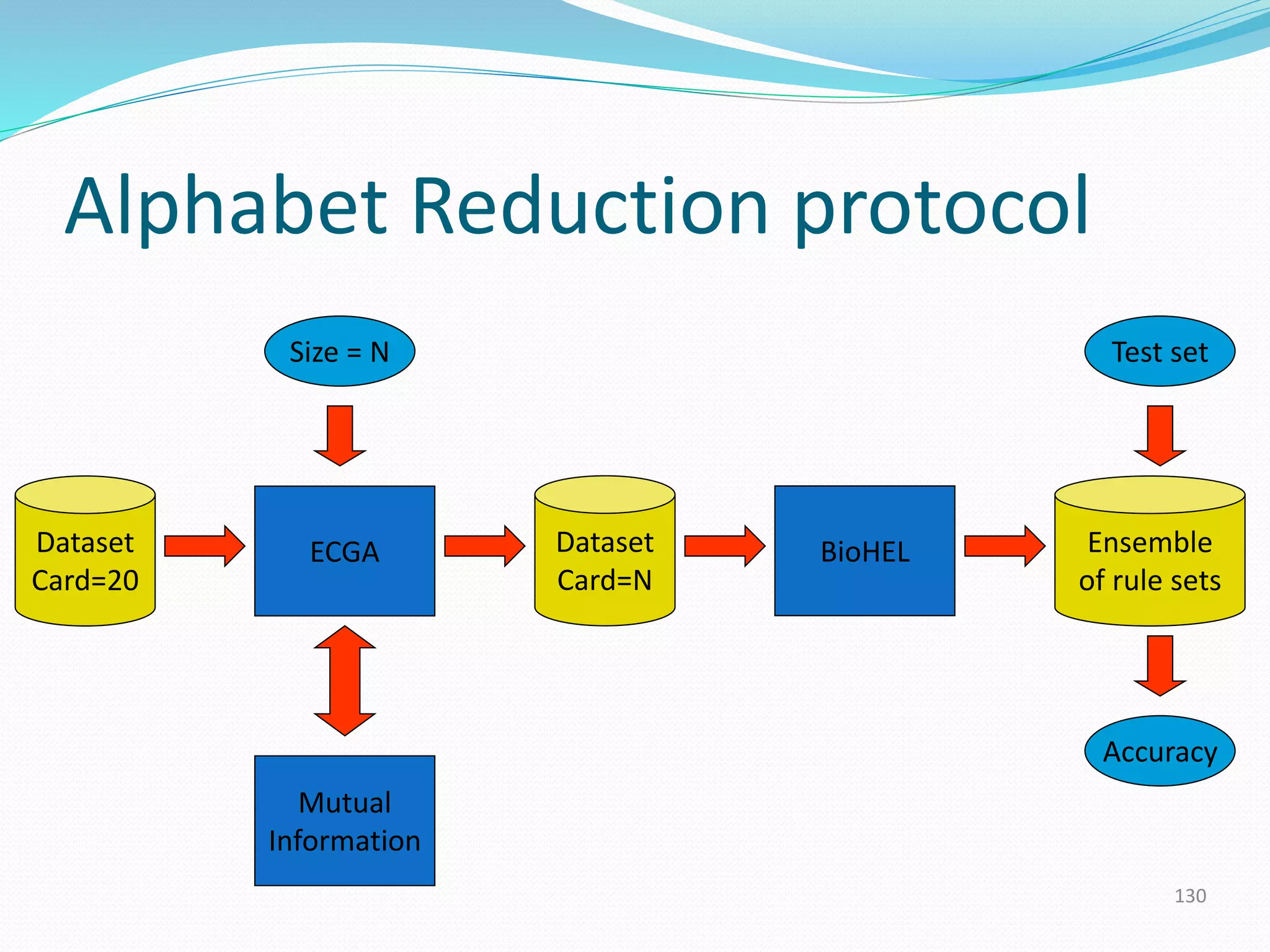 Alphabet Reduction protocol
130
Dataset
Card=20
ECGA
Mutual
Information
Size = N
Dataset
Card=N
BioHEL
Test set
Accuracy
Ensemble
of rule sets
 