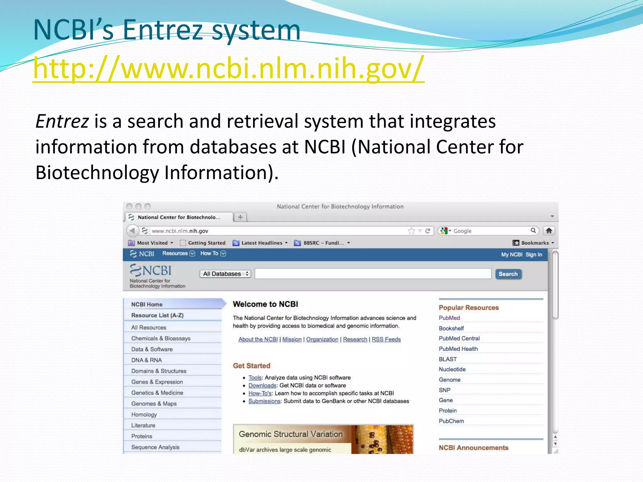 NCBI’s Entrez system
http://www.ncbi.nlm.nih.gov/
Entrez is a search and retrieval system that integrates
information from databases at NCBI (National Center for
Biotechnology Information).
 