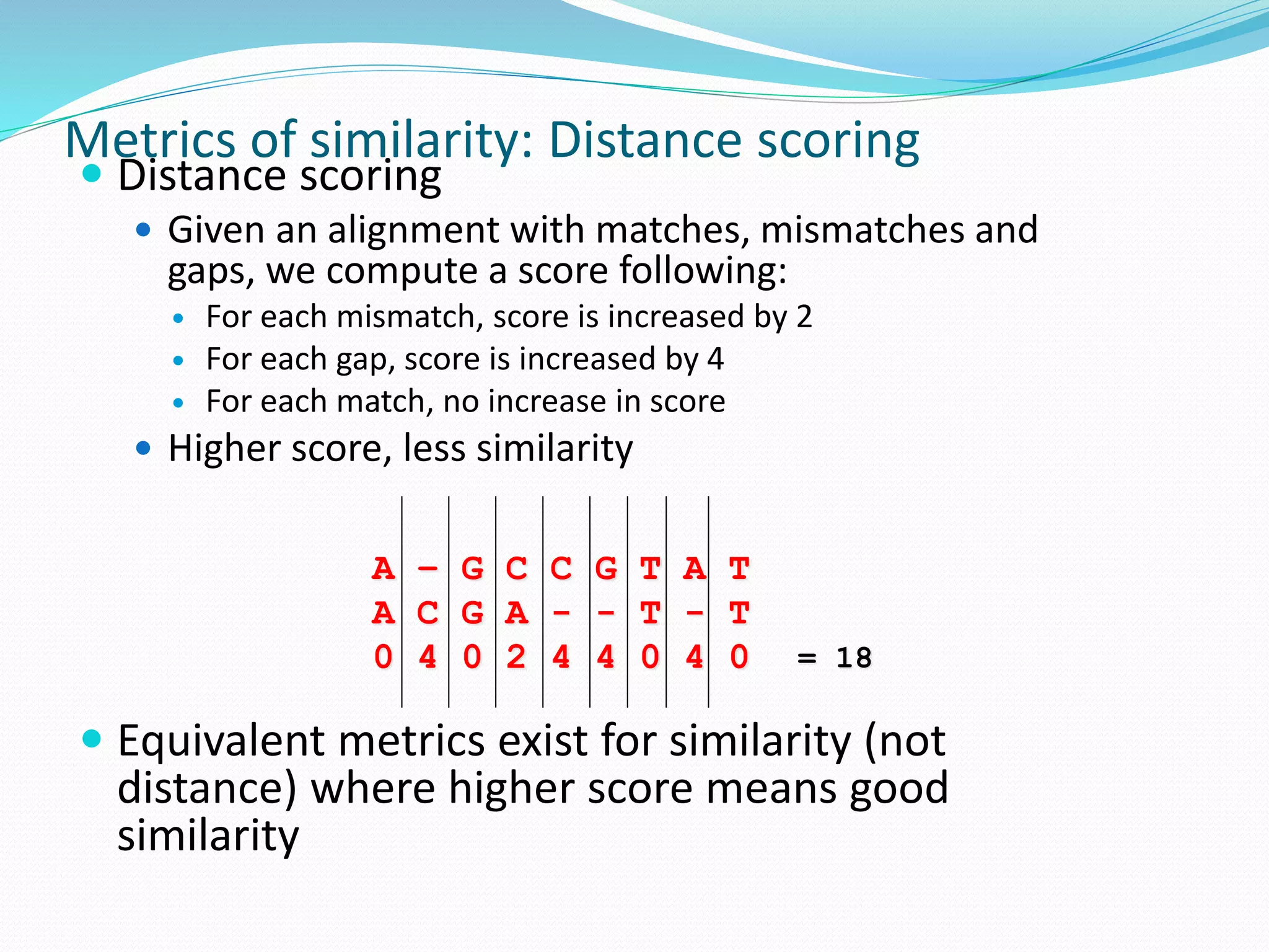 Metrics of similarity: Distance scoring
 Distance scoring
 Given an alignment with matches, mismatches and
gaps, we compute a score following:
 For each mismatch, score is increased by 2
 For each gap, score is increased by 4
 For each match, no increase in score
 Higher score, less similarity
 Equivalent metrics exist for similarity (not
distance) where higher score means good
similarity
= 18
A – G C C G T A T
A C G A - - T - T
0 4 0 2 4 4 0 4 0
 