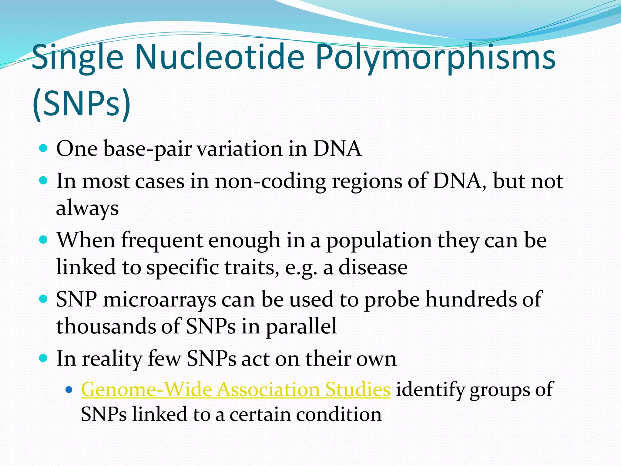 Single Nucleotide Polymorphisms
(SNPs)
 One base-pair variation in DNA
 In most cases in non-coding regions of DNA, but not
always
 When frequent enough in a population they can be
linked to specific traits, e.g. a disease
 SNP microarrays can be used to probe hundreds of
thousands of SNPs in parallel
 In reality few SNPs act on their own
 Genome-Wide Association Studies identify groups of
SNPs linked to a certain condition
 