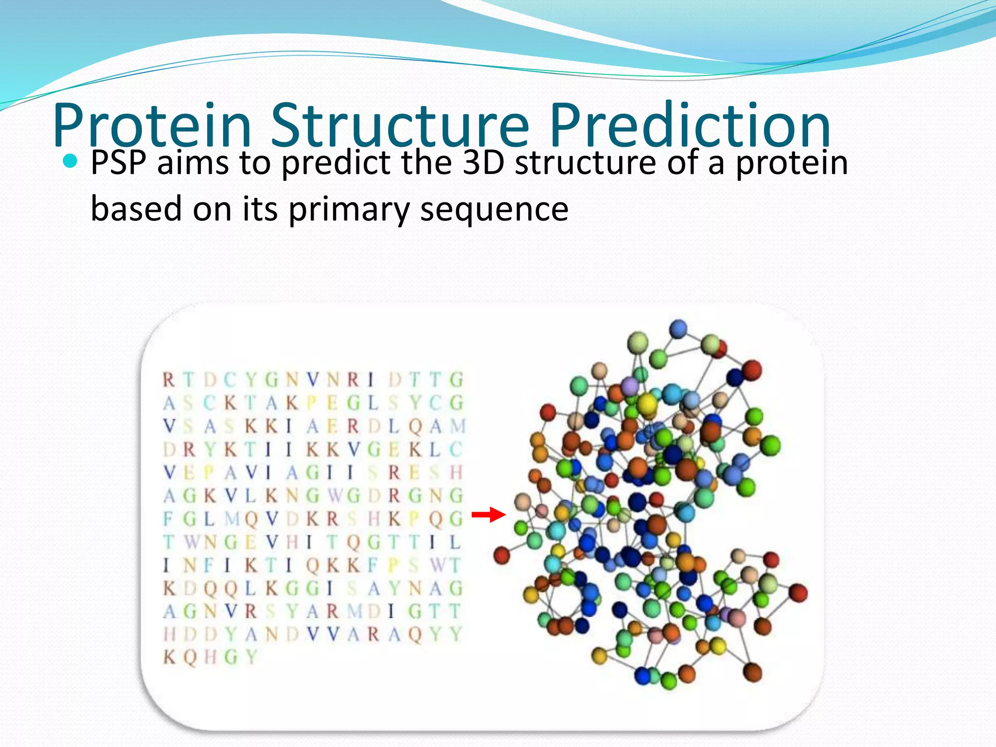 Protein Structure Prediction PSP aims to predict the 3D structure of a protein
based on its primary sequence
 