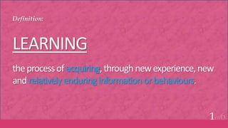 Definition:
LEARNING
theprocessofacquiring, throughnewexperience,new
andrelativelyenduring information orbehaviours.
1of6
 