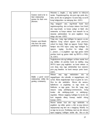 27
Gamers tend to lie to
their relationship
partner for their own
pleasure.
Masama […laughs…] ang epekto sa relasyon
namin. Nagsisinungaling ako pero sige parin ako,
tuloy pa rin ako sa ginagawa ko para lang sa sarili
kong kaligayahan na makapag laro. (G01)
Ang nangyari ano, nag-break kami kasi
nagsisinungaling ako sa kanya minsan kasi hindi
ako nag-rereply sa kanya palagi at hindi ako
sumasama sa kanya minsan kasi sinasabi ko na
masama pakiramdam ko pero naglalaro lang
talaga ako nun. (G02)
Gamers earn friends
who have the same
preference in games.
Yung ano, ‘yung mga kaibigan ko ngayon sa ano
nilipatan kong school ngayon kasi previous
school ko Junior High tas ngayon Senior High,
lumipat ako FEU tapos ‘yung mga kaibigan ko
ngayon, naging ka-close ko talaga sila
[…pauses…] sa paglalaro nga mga games dahil
parehas kami ng games tulad ng DOTA o NBA
2k. (G01)
Nagkakaroon ako ng kaibigan sa klase namin kasi
ang dahilan eh parehas kami na mahilig mag
DOTA tapos pag naglalaro na kami minsan sa
com shop, may mga nababadtrip kasi natatalo
pero pag lumabas na kami masaya parin kami.
(G02)
Builds a good social
relationship within the
gaming community.
Minsan may mga makakalaro ako na
nagagalingan ako sakanila or nagagalingan sila
sa’kin. Basta magkakampi kayo sa game na ‘yon.
Don ko sila nakikilala. Meron din naman,
halimbawa sa pagdating sa mga items na
binibenta sa mga game, ‘don din ‘yung mga
maayos ‘yung pakikipag-communicate, kung
kanino sila nakikipag-trade or nakikipag-
negotiate. Minsan nagiging kaibigan ko na rin sila
kasi maganda silang kausap, madali silang
kausap. (G01)
Meron naman kasi ako mga nakikilala sa
paglalaro ng online games e, lalo na pag minsan
napapasarap ang laro mo e magiging friendly ka
sa mga tao na yon, Nakikipag meet up sila minsan
tapos nagiging kaibigan namin sila. Ako or sila
 