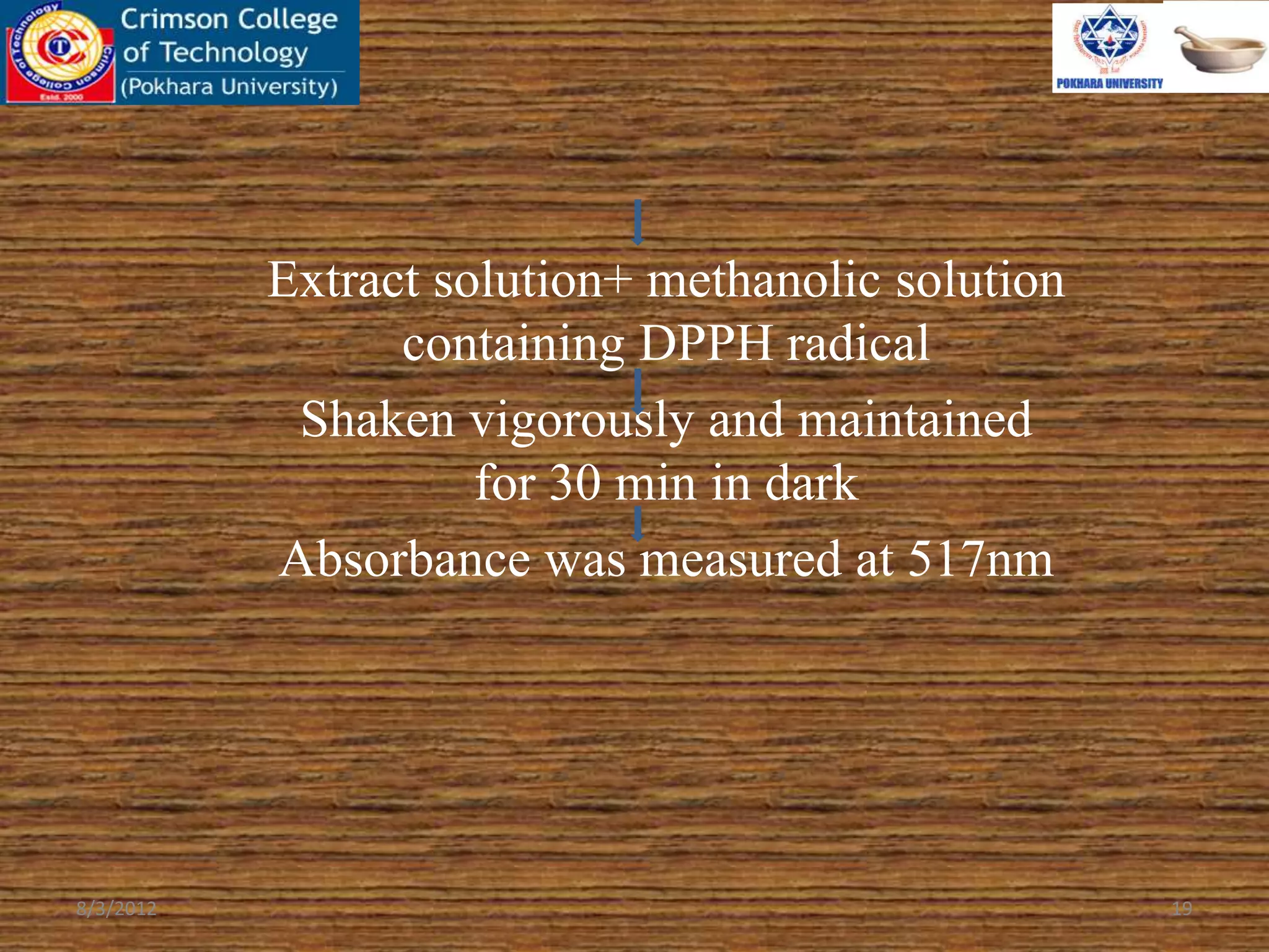 Extract solution+ methanolic solution
containing DPPH radical
Shaken vigorously and maintained
for 30 min in dark
Absorbance was measured at 517nm
8/3/2012 19
 