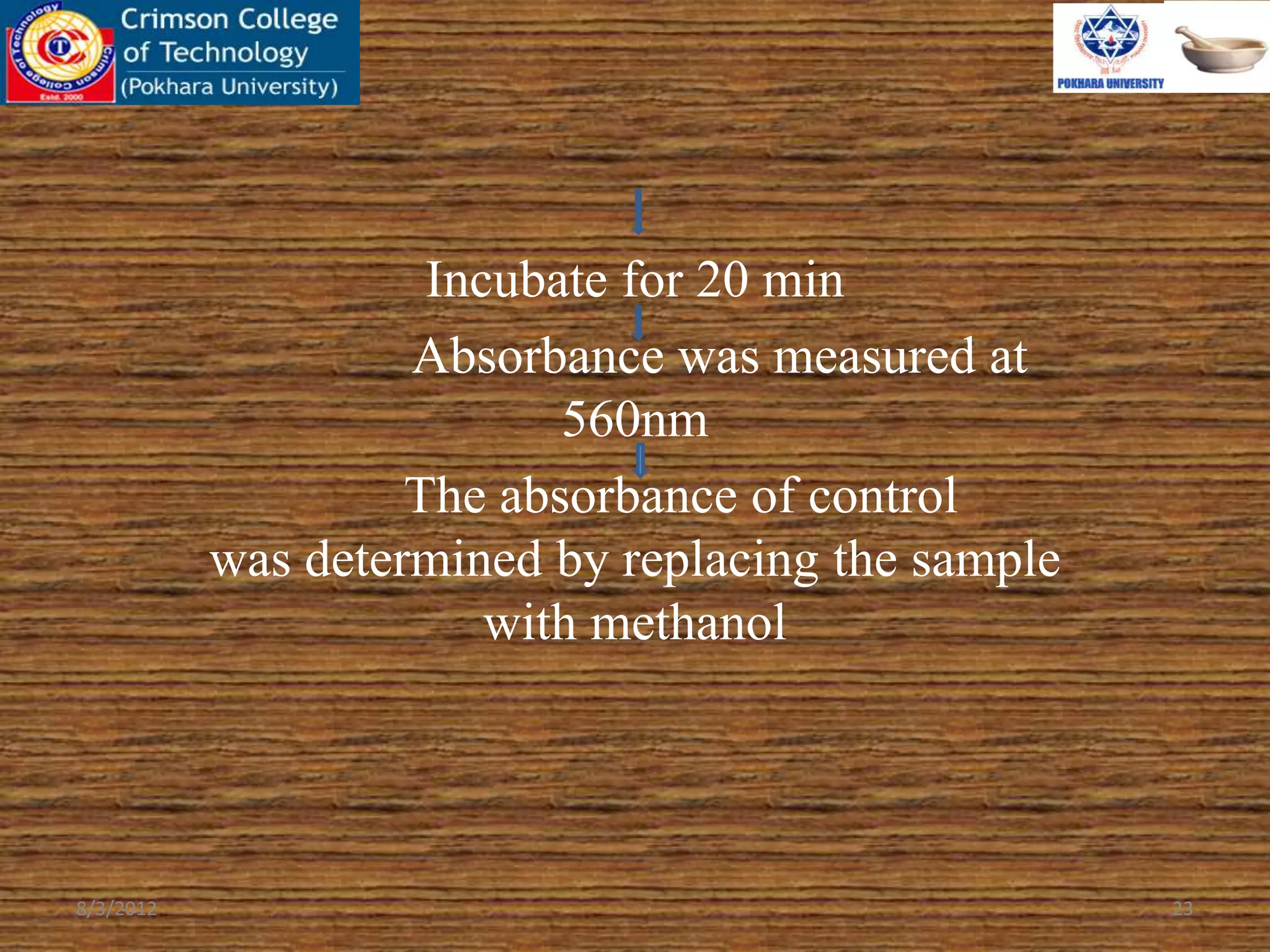 Incubate for 20 min
Absorbance was measured at
560nm
The absorbance of control
was determined by replacing the sample
with methanol
8/3/2012 23
 