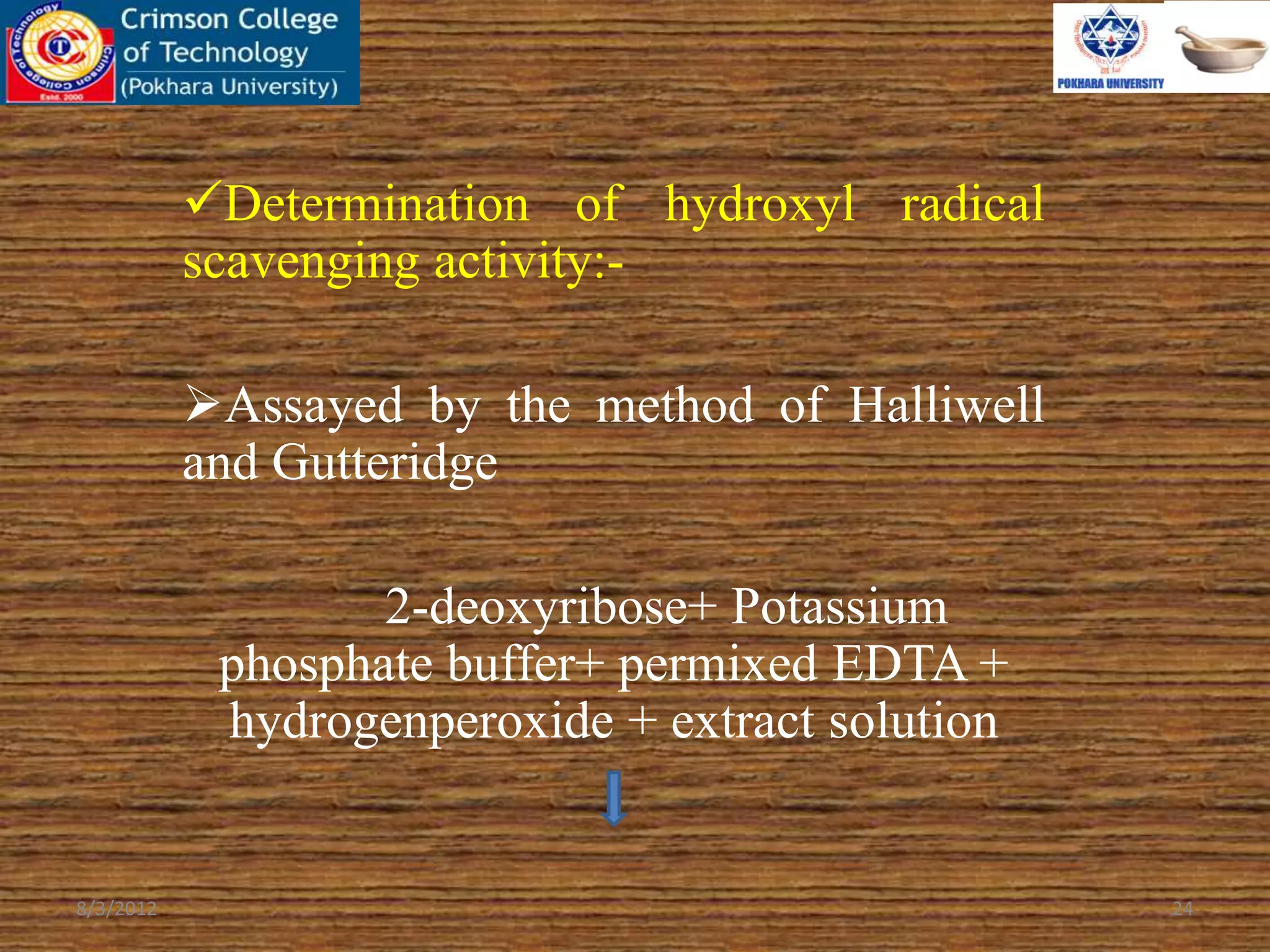 Determination of hydroxyl radical
scavenging activity:-
Assayed by the method of Halliwell
and Gutteridge
2-deoxyribose+ Potassium
phosphate buffer+ permixed EDTA +
hydrogenperoxide + extract solution
8/3/2012 24
 