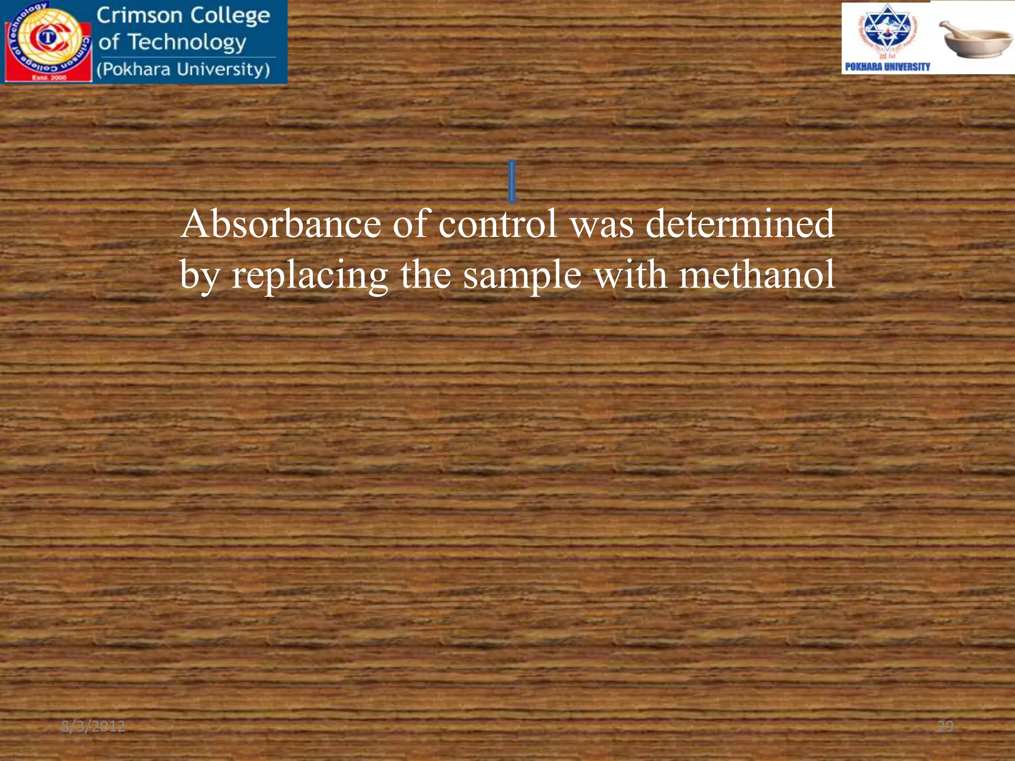 Absorbance of control was determined
by replacing the sample with methanol
8/3/2012 29
 