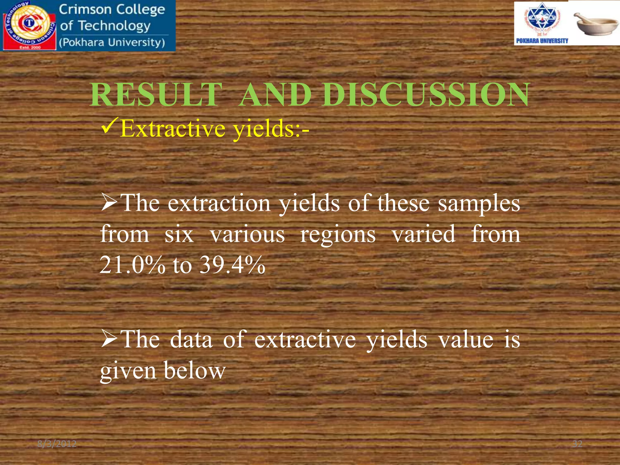 RESULT AND DISCUSSION
Extractive yields:-
The extraction yields of these samples
from six various regions varied from
21.0% to 39.4%
The data of extractive yields value is
given below
8/3/2012 32
 