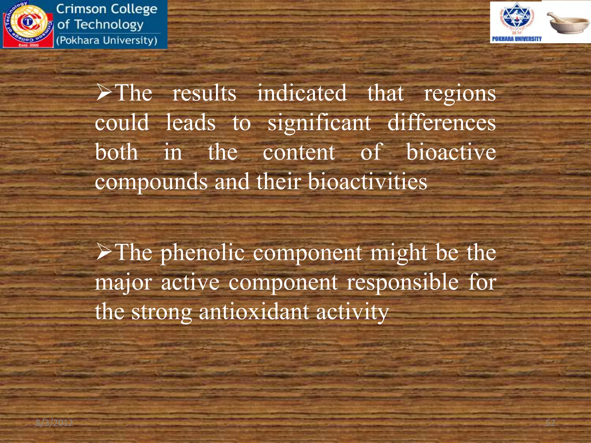 The results indicated that regions
could leads to significant differences
both in the content of bioactive
compounds and their bioactivities
The phenolic component might be the
major active component responsible for
the strong antioxidant activity
8/3/2012 52
 