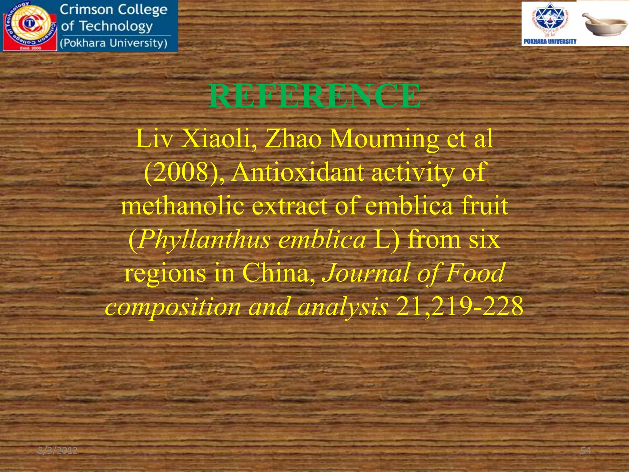 REFERENCE
8/3/2012 54
Liv Xiaoli, Zhao Mouming et al
(2008), Antioxidant activity of
methanolic extract of emblica fruit
(Phyllanthus emblica L) from six
regions in China, Journal of Food
composition and analysis 21,219-228
 