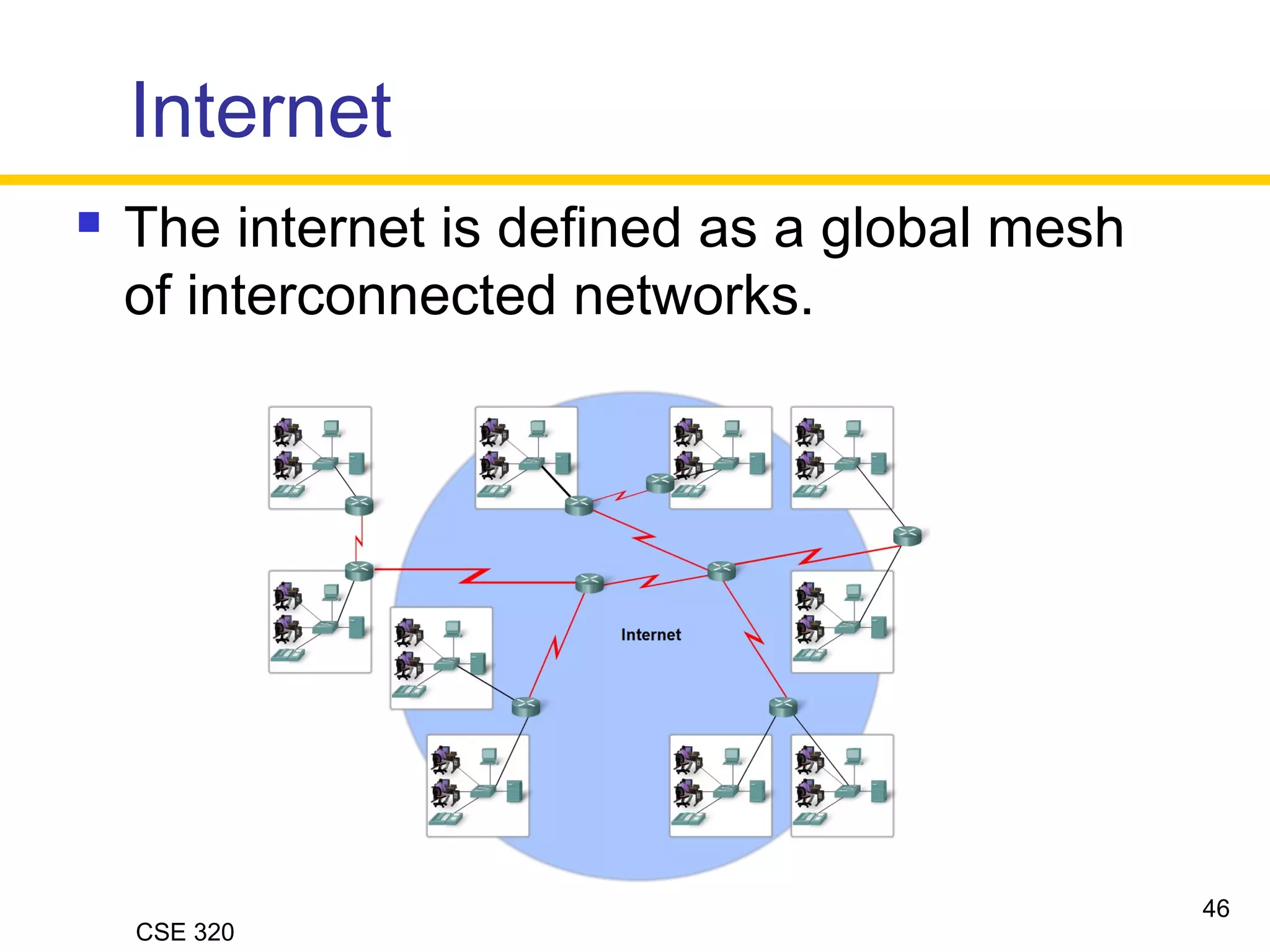 CSE 320
Internet
 The internet is defined as a global mesh
of interconnected networks.
46
 
