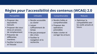 Règles pour l'accessibilité des contenus (WCAG) 2.0
Perceptible
• Proposer des
équivalents
textuels
• Proposer des sous-
titres et versions
de remplacement
• Présenter de
différentes
manières
• Faciliter la lecture
et l'écoute
Utilisable
• Rendre accessible
au clavier
• Laisser
suffisamment de
temps
• Ne pas provoquer
des crises
• Faciliter la
navigation et la
recherche
Compréhensible
• Rendre lisible et
compréhensible
• Proposer des
opérations
prévisibles
• Aider à éviter et
corriger les erreurs
Robuste
• Optimiser la
compatibilité avec
les outils actuels et
futurs
17
 