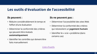Les outils d'évaluation de l’accessibilité
Ils peuvent :
• Réduire considérablement le temps et
l’effort d’une évaluation
• Déterminer la conformité des critères
qui peuvent être évalués
automatiquement
• Identifier les contrôles qui doivent être
faits manuellement
Ils ne peuvent pas :
• Déterminer l'accessibilité des sites Web
• Déterminer la conformité des critères
qui nécessitent un jugement humain
• Identifier le « vrai » problème (dans
certains cas)
26
Liste d'outils
 