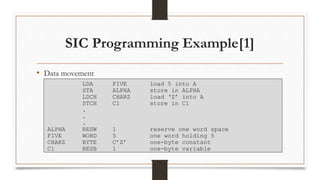 SIC Programming Example[1]
• Data movement
LDA FIVE load 5 into A
STA ALPHA store in ALPHA
LDCH CHARZ load ‘Z’ into A
STCH C1 store in C1
.
.
.
ALPHA RESW 1 reserve one word space
FIVE WORD 5 one word holding 5
CHARZ BYTE C’Z’ one-byte constant
C1 RESB 1 one-byte variable
 