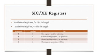 SIC/XE Registers
• 3 additional registers, 24 bits in length
• 1 additional register, 48 bits in length
Mnemonic Number Use
B 3 Base register – used for addressing
S 4 General working register – no special use
T 5 General working register – no special use
F 6 Floating point accumulator (48 bits)
 