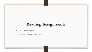 Reading Assignments
• VAX Architecture
• Pentium Pro Architecture
 