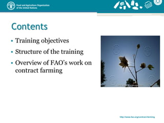 http://www.fao.org/contract-farming
Contents
• Training objectives
• Structure of the training
• Overview of FAO’s work on...
