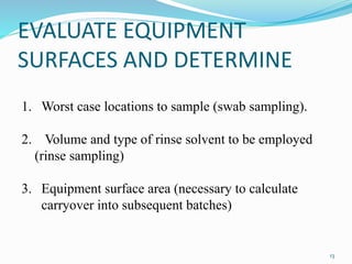EVALUATE EQUIPMENT
SURFACES AND DETERMINE
13
1. Worst case locations to sample (swab sampling).
2. Volume and type of rinse solvent to be employed
(rinse sampling)
3. Equipment surface area (necessary to calculate
carryover into subsequent batches)
 