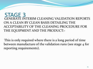 STAGE 3GENERATE INTERIM CLEANING VALIDATION REPORTS
ON A CLEAN BY CLEAN BASIS DETAILING THE
ACCEPTABILITY OF THE CLEANING PROCEDURE FOR
THE EQUIPMENT AND THE PRODUCT:-
This is only required where there is a long period of time
between manufacture of the validation runs (see stage 4 for
reporting requirements).
15
 