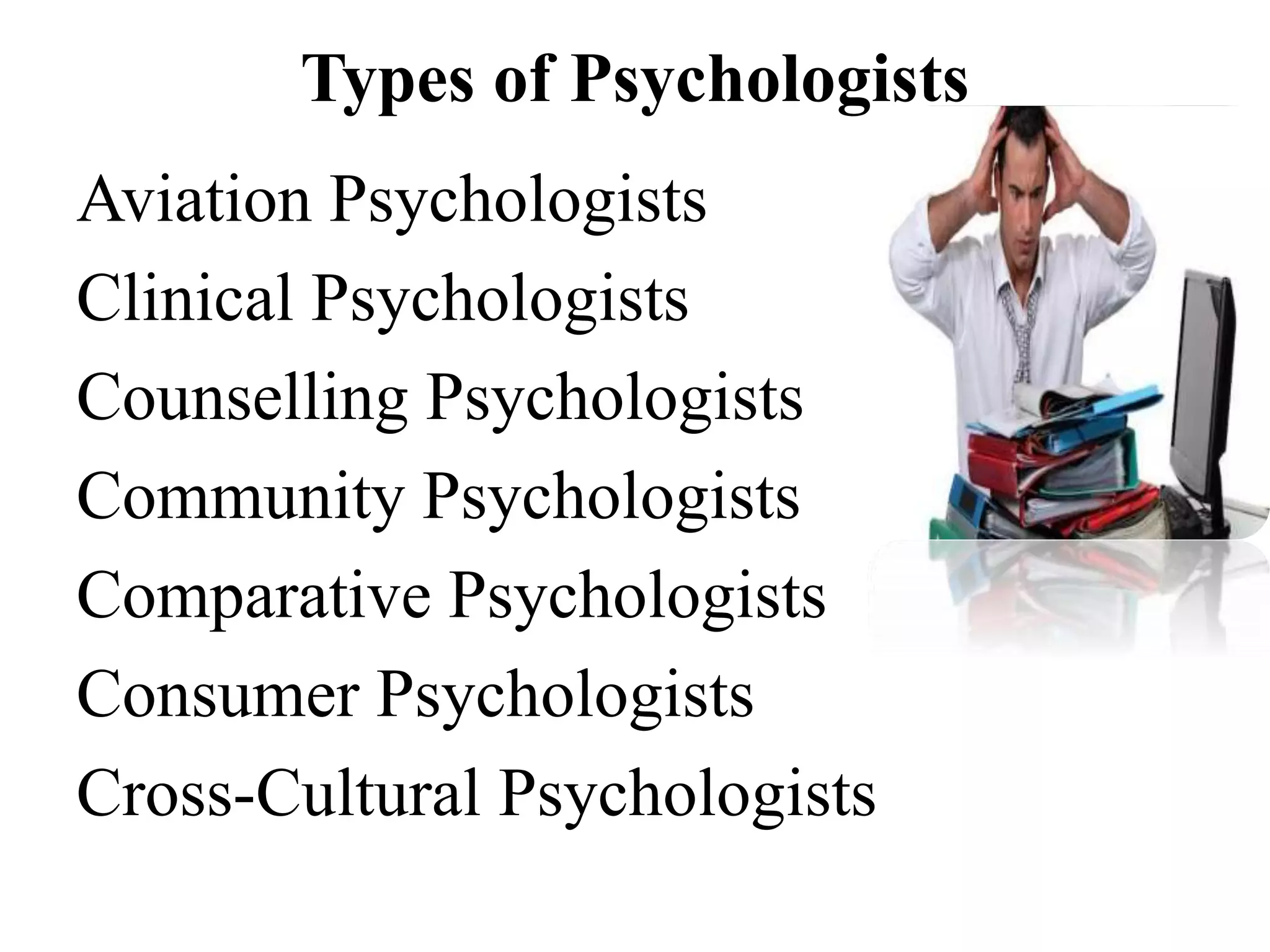 Types of Psychologists
Aviation Psychologists
Clinical Psychologists
Counselling Psychologists
Community Psychologists
Comparative Psychologists
Consumer Psychologists
Cross-Cultural Psychologists
 
