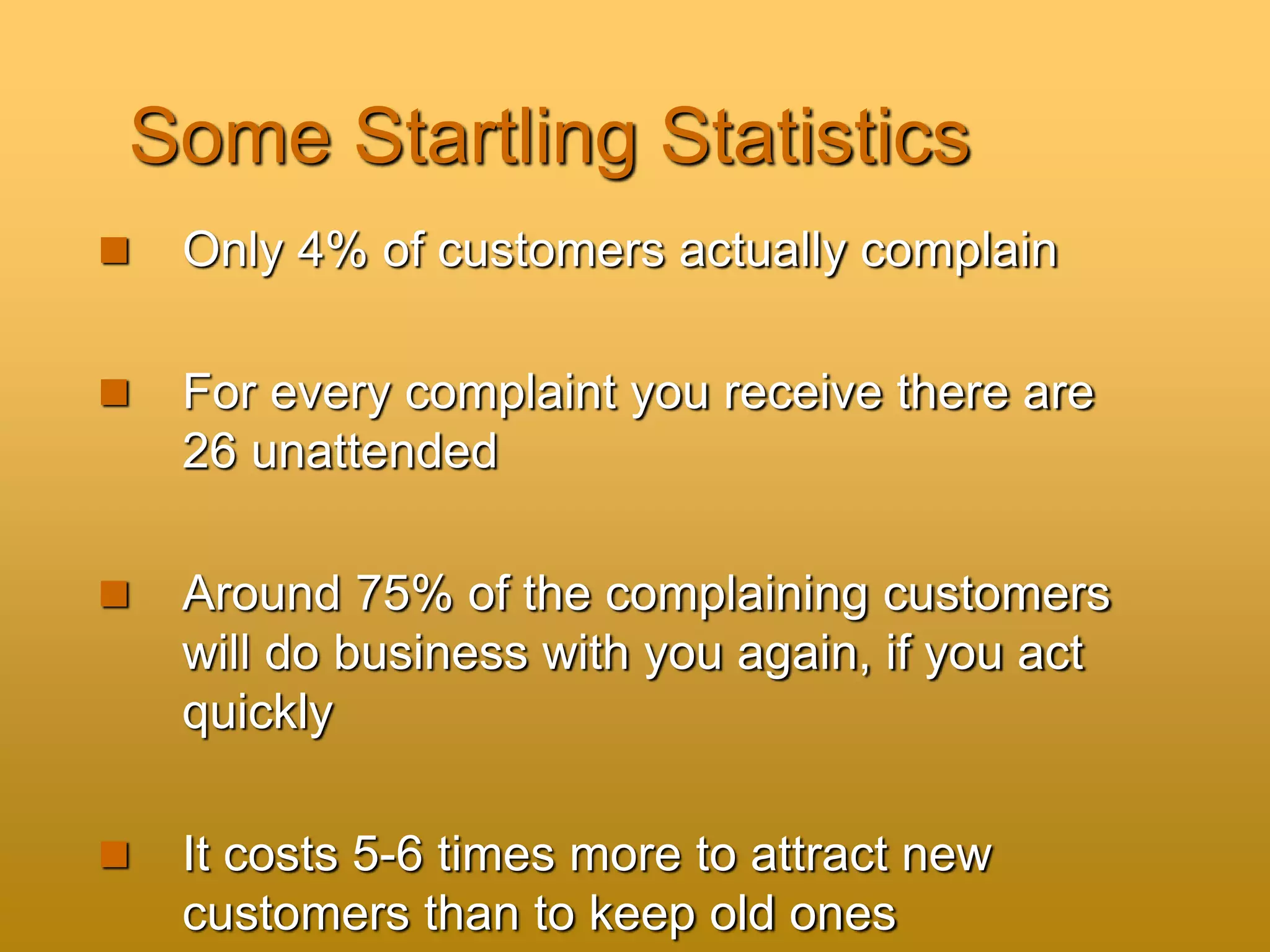 Some Startling Statistics
 Only 4% of customers actually complain
 For every complaint you receive there are
26 unattended
 Around 75% of the complaining customers
will do business with you again, if you act
quickly
 It costs 5-6 times more to attract new
customers than to keep old ones
 