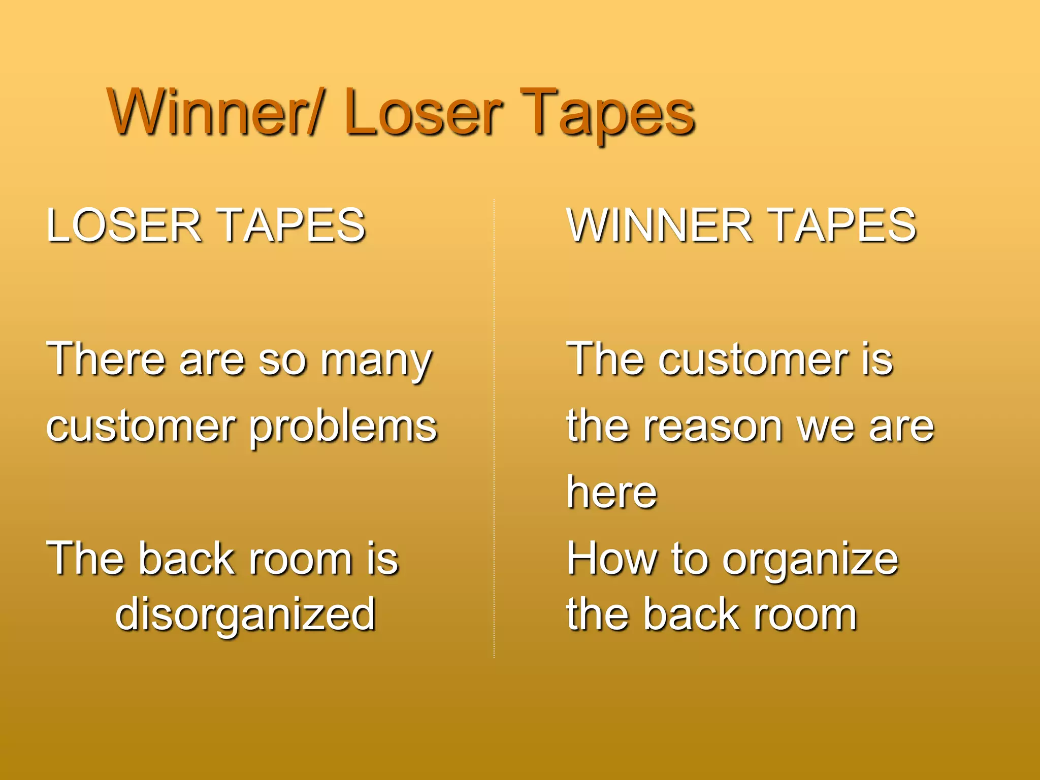 Winner/ Loser Tapes
LOSER TAPES WINNER TAPES
There are so many The customer is
customer problems the reason we are
here
The back room is How to organize
disorganized the back room
 