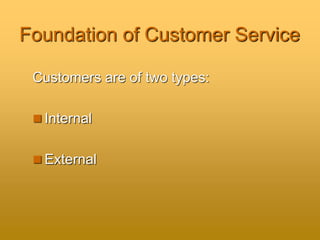 Foundation of Customer Service
Customers are of two types:
 Internal
 External
 