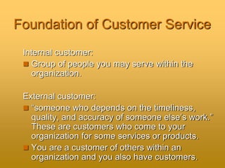 Foundation of Customer Service
Internal customer:
 Group of people you may serve within the
organization.
External customer:
 “someone who depends on the timeliness,
quality, and accuracy of someone else’s work.”
These are customers who come to your
organization for some services or products.
 You are a customer of others within an
organization and you also have customers.
 