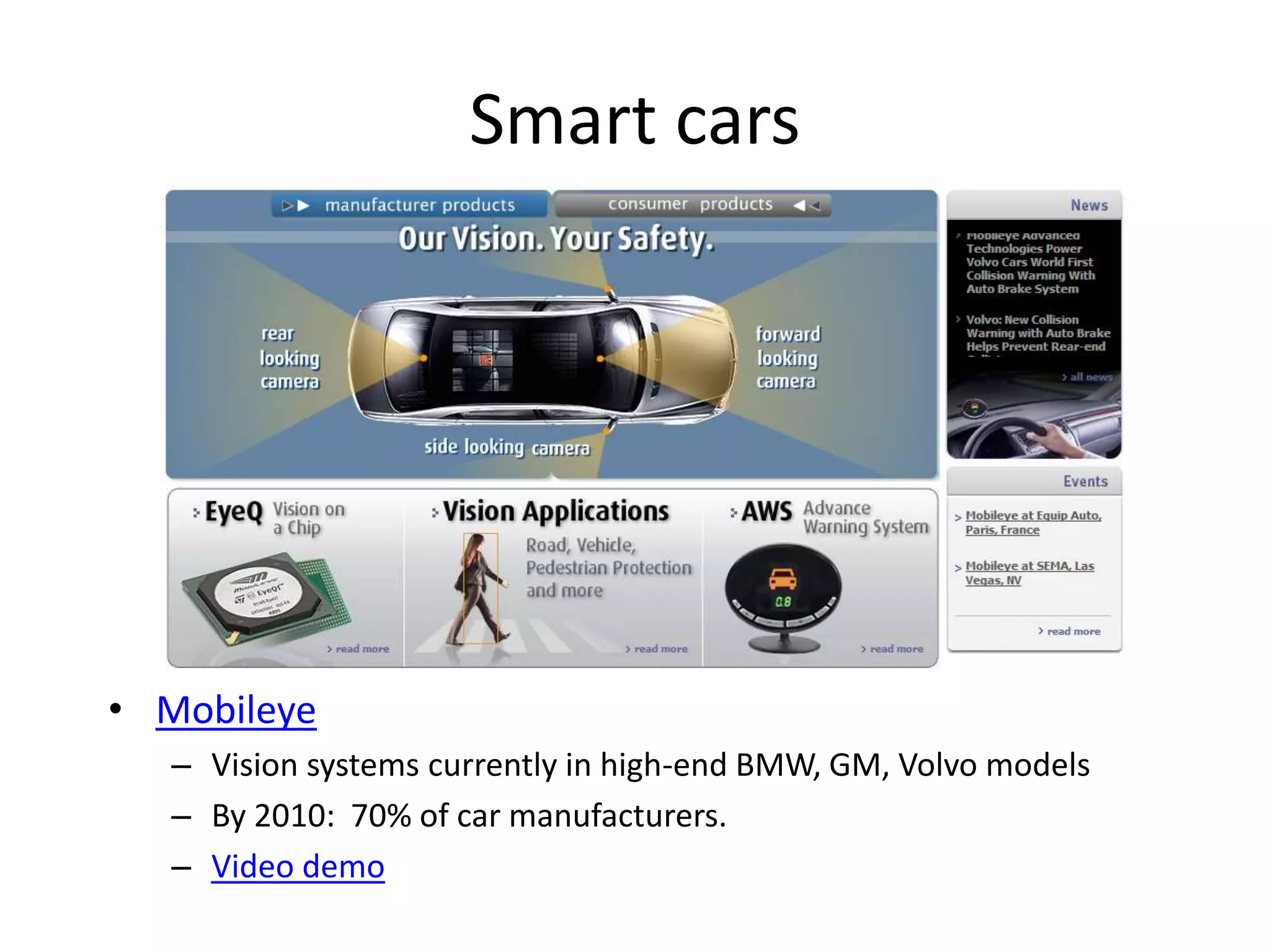 Smart cars
• Mobileye
– Vision systems currently in high-end BMW, GM, Volvo models
– By 2010: 70% of car manufacturers.
– Video demo
 