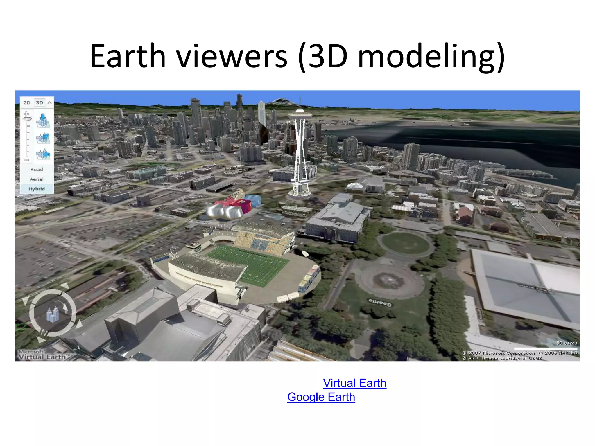 Earth viewers (3D modeling)
Image from Microsoft’s Virtual Earth
(see also: Google Earth)
 