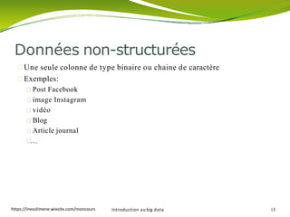 Une seule colonne de type binaire ou chaine de caractère
Exemples:
Post Facebook
image Instagram
vidéo
Blog
Article journal
…
Introduction au big data 15
Données non-structurées
https://inesslimene.wixsite.com/moncours
 