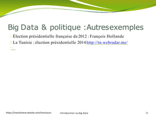Élection présidentielle française de2012 : François Hollande
La Tunisie : élection présidentielle 2014 http://tn.webradar.me/
…
Introduction au big data 31
Big Data & politique :Autresexemples
https://inesslimene.wixsite.com/moncours
 