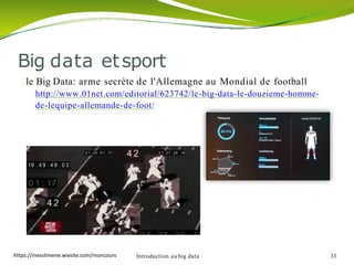 Big data etsport
le Big Data: arme secrète de l'Allemagne au Mondial de football
http://www.01net.com/editorial/623742/le-big-data-le-douzieme-homme-
de-lequipe-allemande-de-foot/
Introduction au big data 33https://inesslimene.wixsite.com/moncours
 